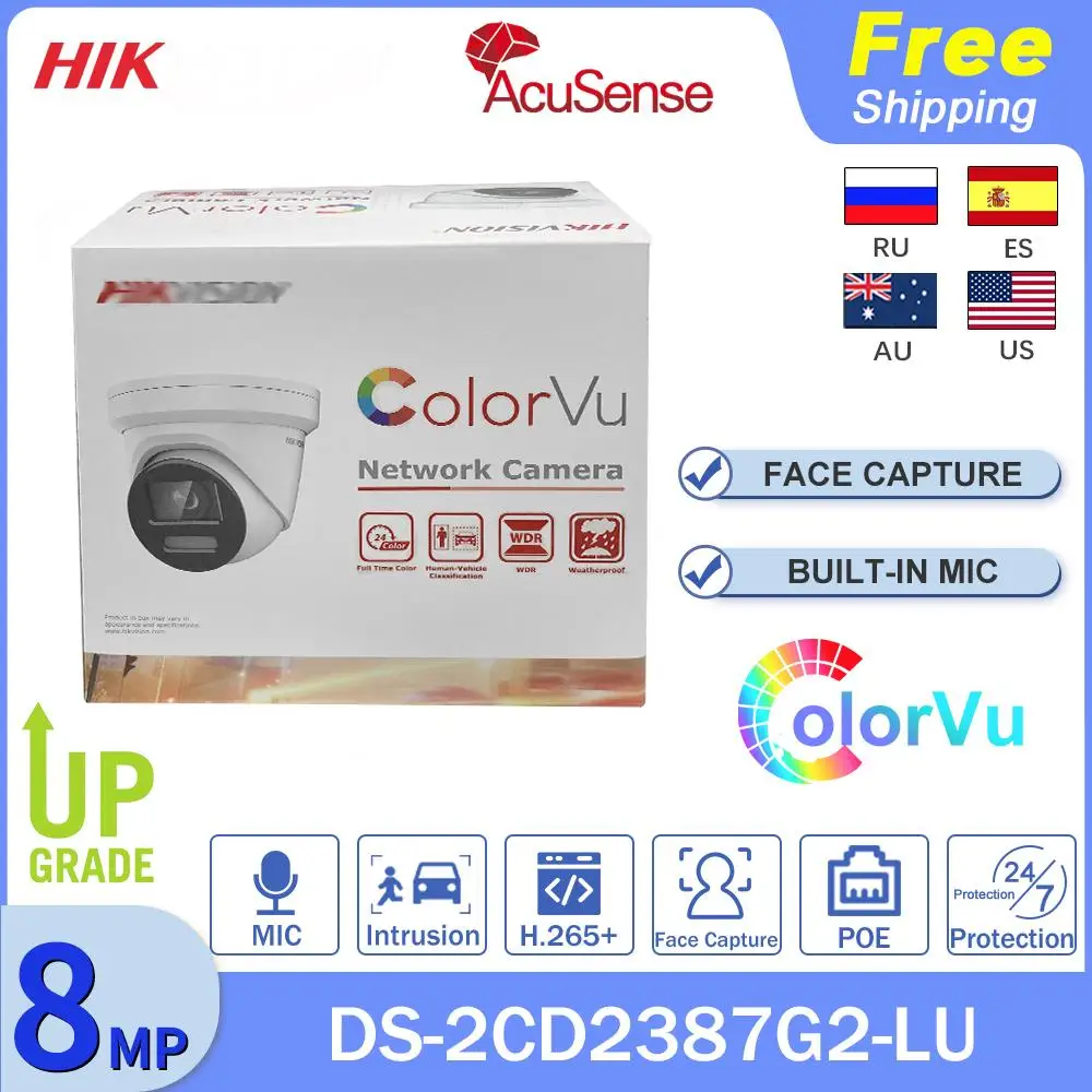 

Оригинальная IP-камера Hik 8 Мп с цветным узором, встроенный микрофон POE, обнаружение человеческого автомобиля, 4K 24/7, цветное изображение Acusense