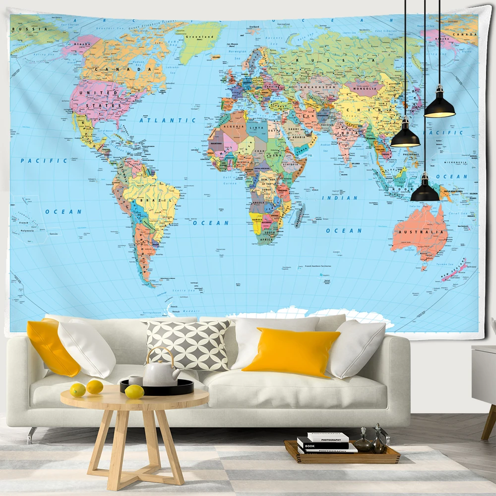 

Tapiz con mapa del mundo para colgar en la pared, alfombra decorativa psicodélica Hippie, Sábana de cama, decoración para el