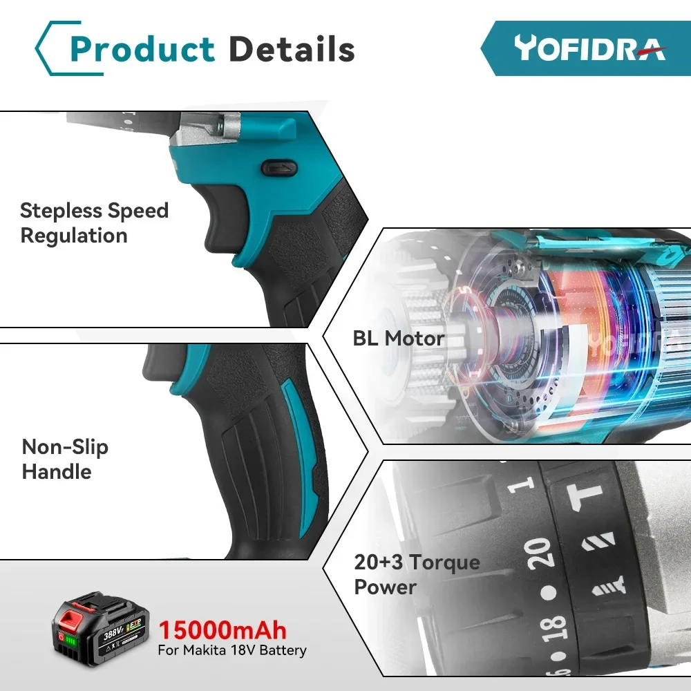 Бесщеточная электрическая дрель Yofidra 480N.m 13 мм