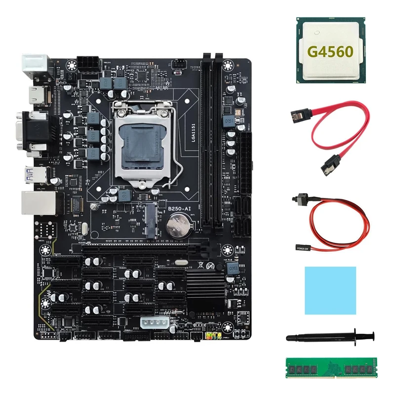 

Материнская плата B250 V2.1 ETH Miner 12PCIE + G4560 ЦП + DDR4 4 ГБ ОЗУ + кабель SATA + кабель переключателя + термопаста + термопрокладка