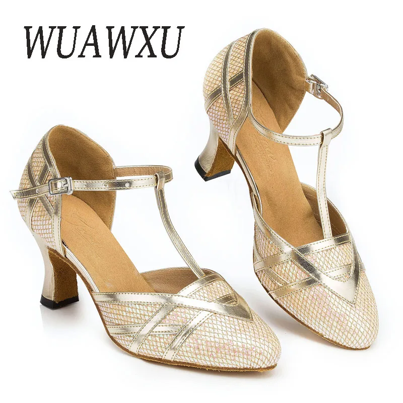 NATASHA 2023 Baotou Latin Dance Shoes Female Adult Gold Sequins Square Dance Shoes Medium High Heel Social Dance Performance Sho