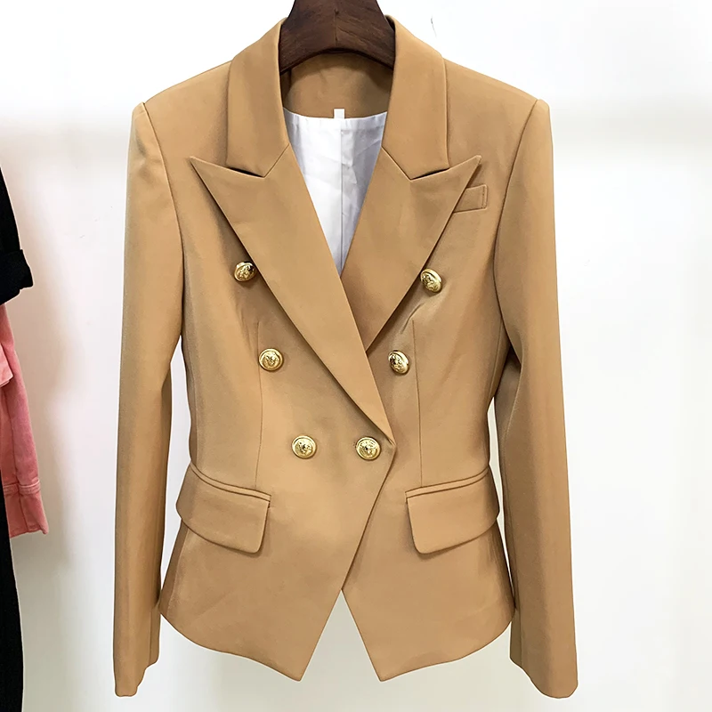 HIGH QUALITY Newest 2023 Star Style Designer Jacket Women's Classic Lion Buttons Double Breasted Slim Fit Blazer Brown