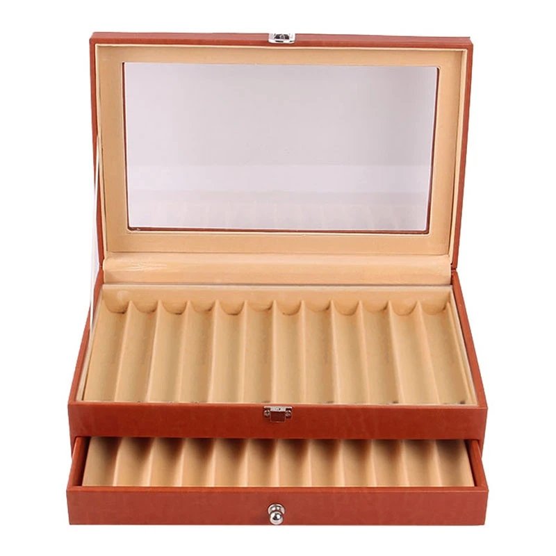 

24 Slots Wooden Fountain Pen Display Case, Luxury Topped PU Leather Pen Display Case Jewelry Organizer,Orange