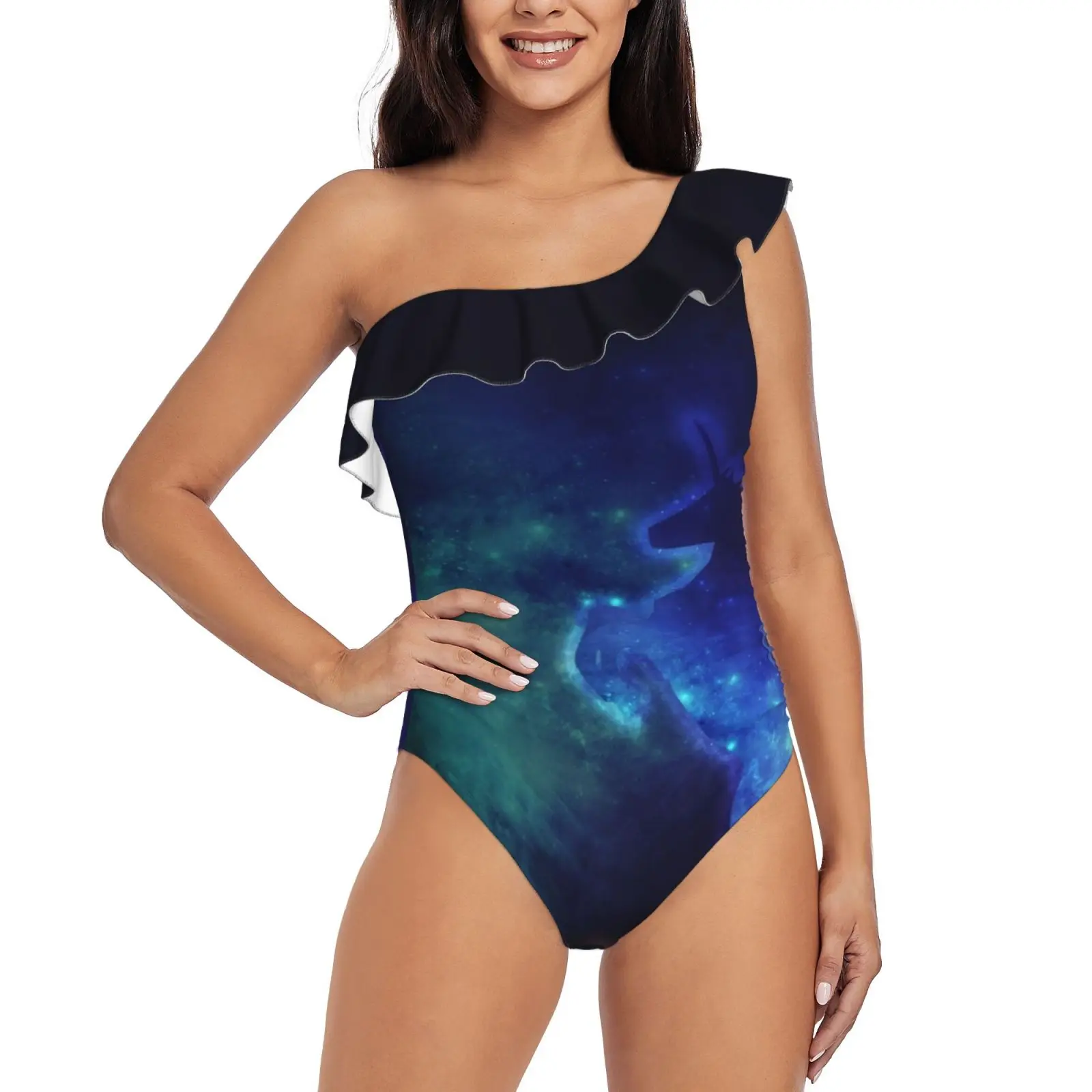 

Слитный купальник с изображением туманности галактики единорога в космосе, купальник на одно плечо с оборками, сексуальный Монокини, новые ...