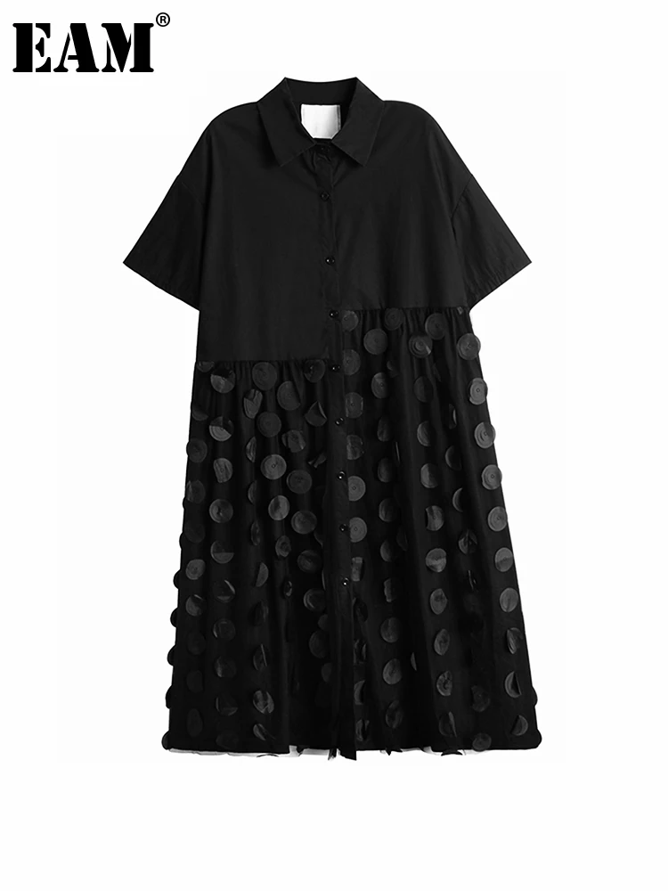 

[EAM] женское платье-рубашка с принтом в черный горошек, большие размеры, новинка, с отворотом, с коротким рукавом, свободный крой, мода, весна-л...