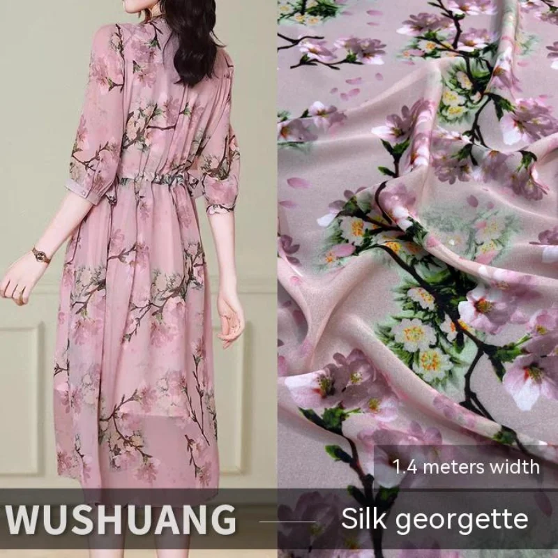 

Silk Georgette Fabric Thin Mulberry Silk Material Pink Cherry Blossom Printed Spring Autumn Dress Shirt Fabrics by the Meter