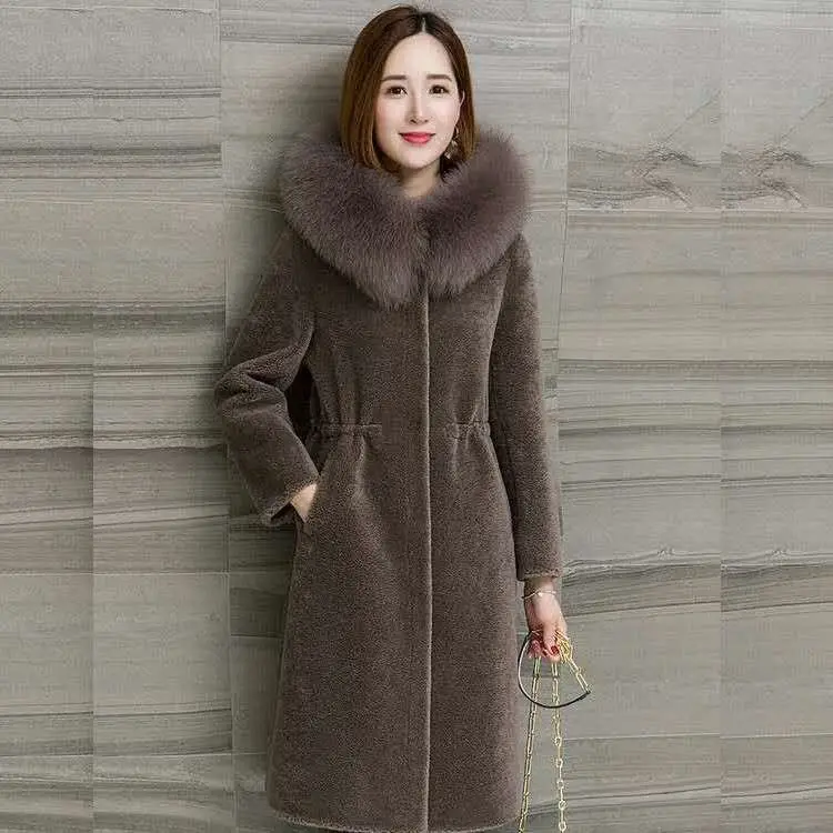 Wool Fox Fur Shearling Coat Long Fur Coat Women's Hoodie Outwear