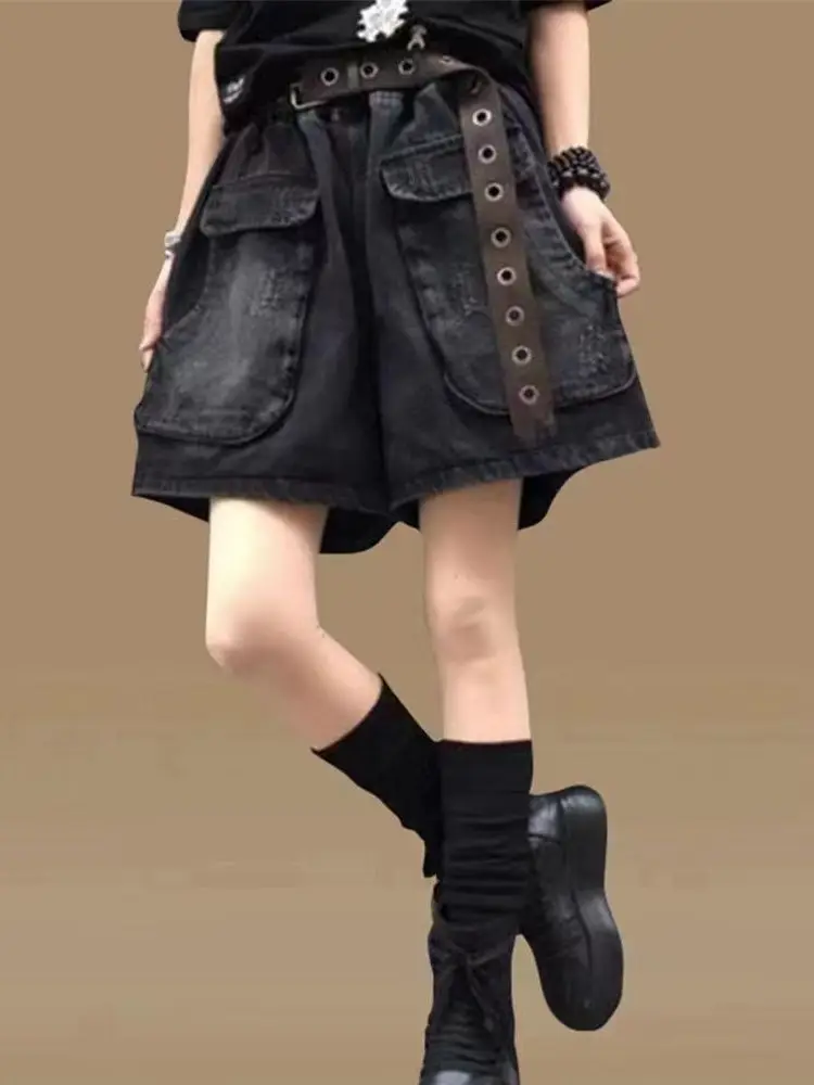 

Брюки женские с широкими штанинами, свободные джинсовые шорты с большими карманами, винтажные модные штаны с эластичным поясом, лето 2023