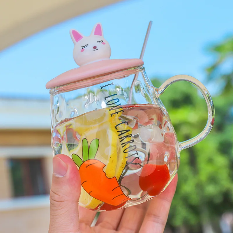 

Cartoon Cute Radish Rabbit Glass Mugs Transparent Water Cup StarBuck Style Milk Coffee Juice Cup
