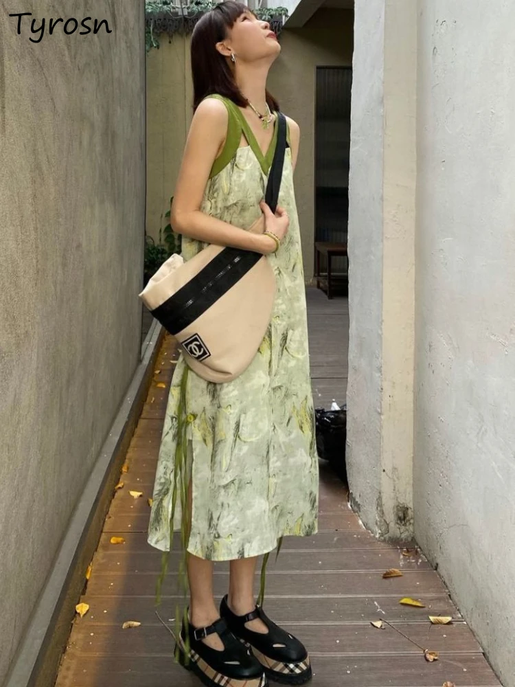 

Midi Dresses Women Hollow Out Japanese Style Design Side-slit Casual Elegant Floral Vestidos Summer Female Daily Chic Sleeveless