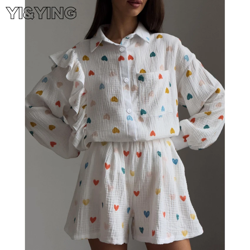 

[YI&YING] Autumn New Print Pajama Set Loose and Warm Long Sleeve Shorts Fashion Pure Cotton Home Furnishing Women's WAZC391