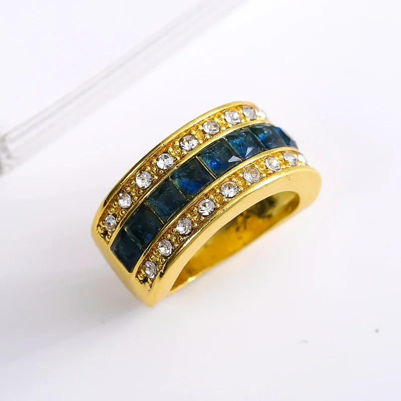

Trendy Unisex Bule Square Cubic Zirconia Crystal Gold Color Female Male Ring for Women Men Party Jewelry Accessories