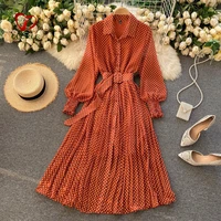 spring and summer french vintage maxi dress 2021 sundress ladies long sleeve orange polka dot chiffon pleated dresses femme robe
