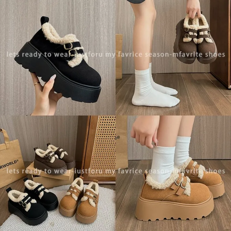 Casual Woman Shoe Loers With Fur Clogs Platform Round Toe Modis Slip-on New Creepers 2025 Winter Lace-Up Solid Leisure Fashion