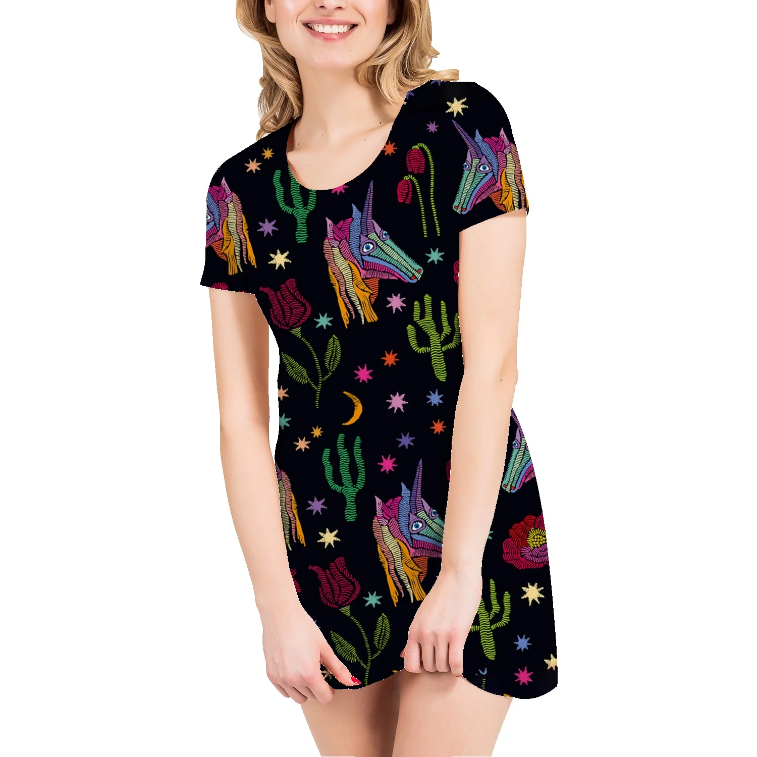 

American retro floral cartoon print loose t-shirt oversize all-match t-shirt skirt summer all-match mid-length t-shirt skirt