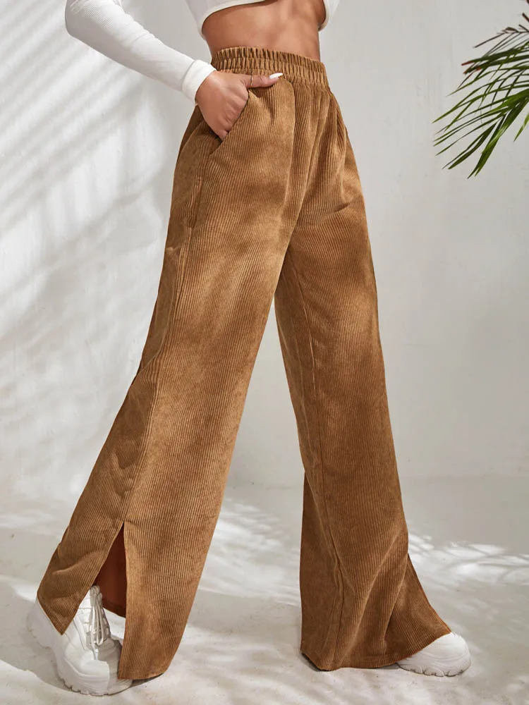 Women Corduroy Wide Leg Pants Fashion Casual Pocket High Waist Elastic Waist Leg Fork Long Pants For Women Black Autumn Winter