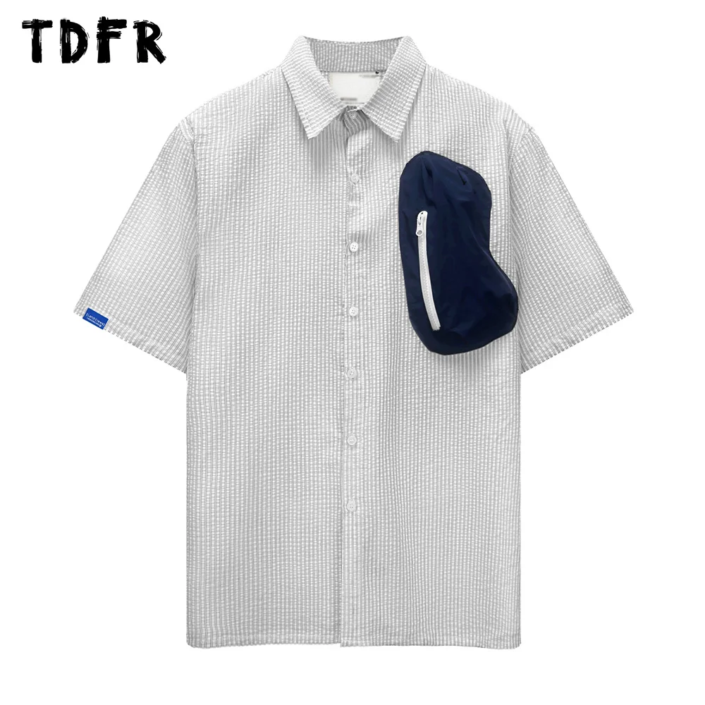 

Vertical Stripes Short Sleeve Shirts Mens Zipper Pocket Lapel Single Breasted Half-Sleeve Shirts Men