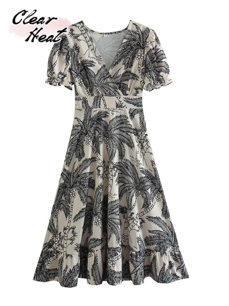 

Женское винтажное платье-рубашка, элегантное платье мини с цветочным принтом, коротким рукавом, V-образным вырезом и запахом на талии, 2023