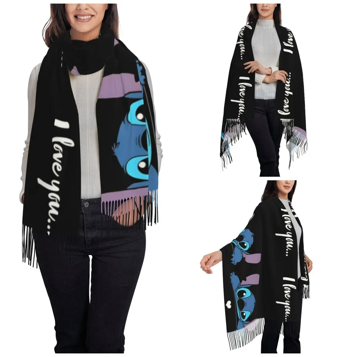 Лило и Стич шаль Я люблю тебя женский теплый большой длинный шарф милые