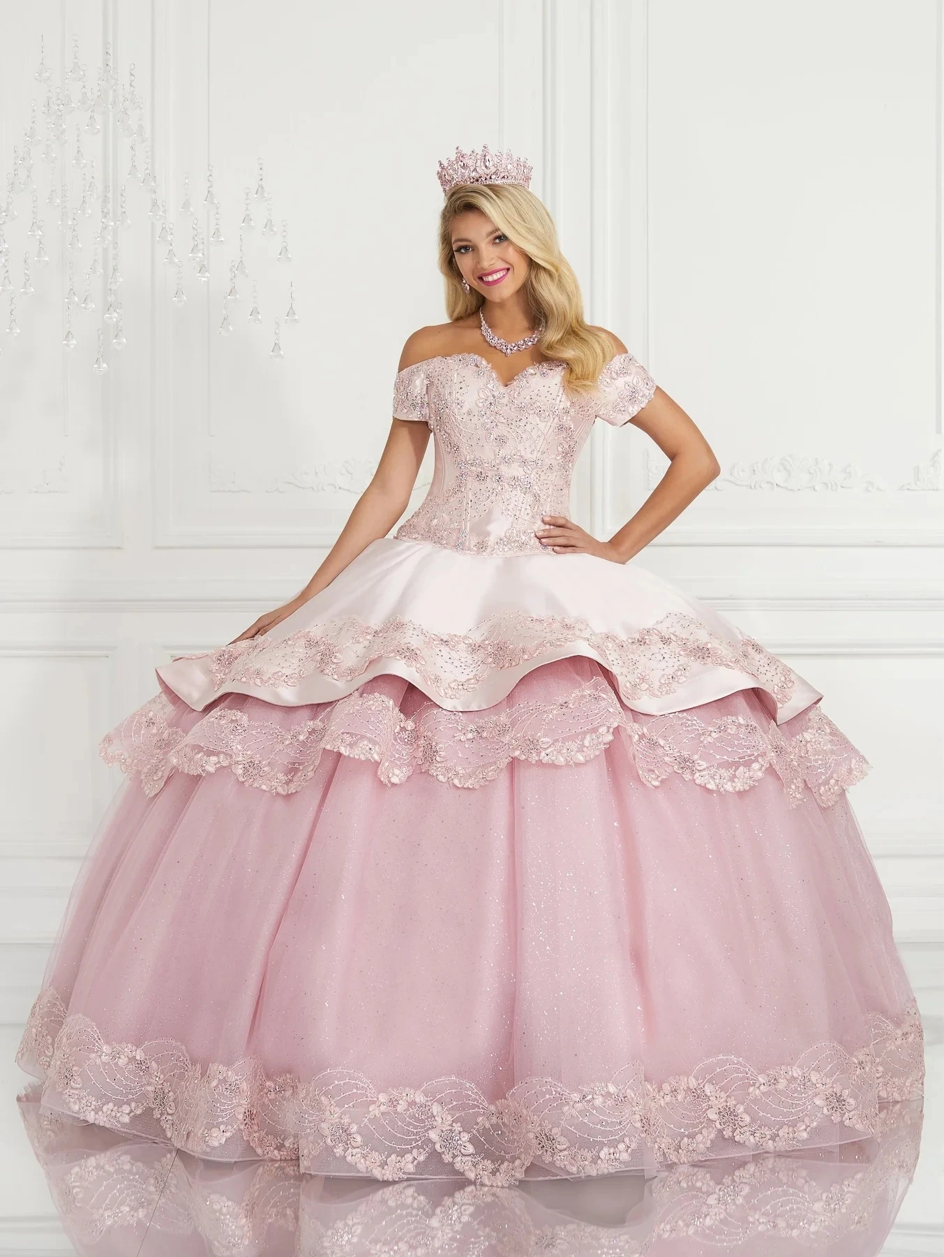 

Pink Charro Quinceanera Dresses Ball Gown Off The Shoulder Tulle Appliques Beaded Puffy Mexican Sweet 16 Dresses 15 Anos