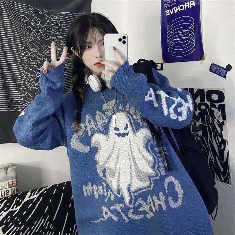 

Retro Sweater Dark Style Harajuku Style Student Letter Devil Thickening Men and Women Loose Retro Knit Sweater Korean Top