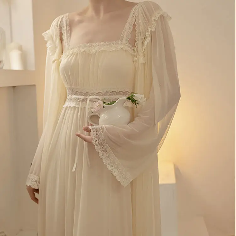 2Pcs Robe Set Female Court Style Satin Nightdress Sexy Lace Trim Sleep Suit Princess Home Dress Gown Spaghetti Strap Nightwear