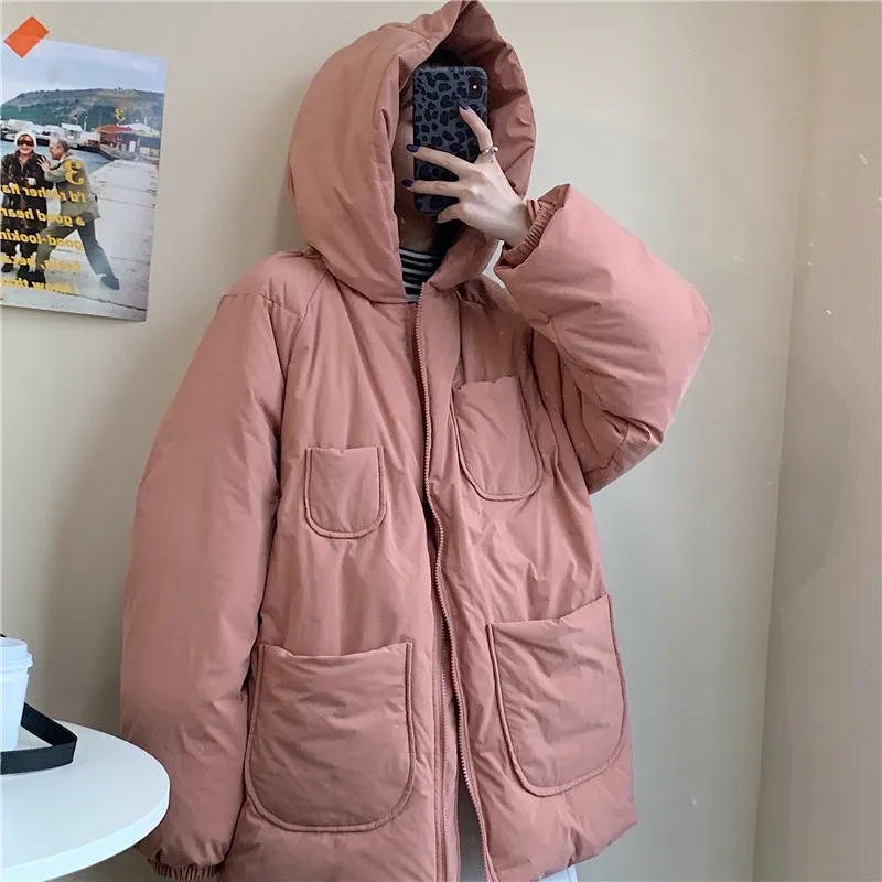 Autumn Female Solid Color Casual Outwear Overcoat with Pockets Women Thick Quilted Jackets Winter Warm Hooded Loose Cotton Coats