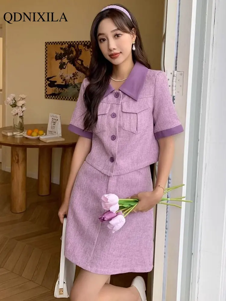 

Summer Elegant Women's Suit with Skirt Korean Fashion New In Matching Sets Sweet Short Jacket and Skirts Women 2piece Outfit Set