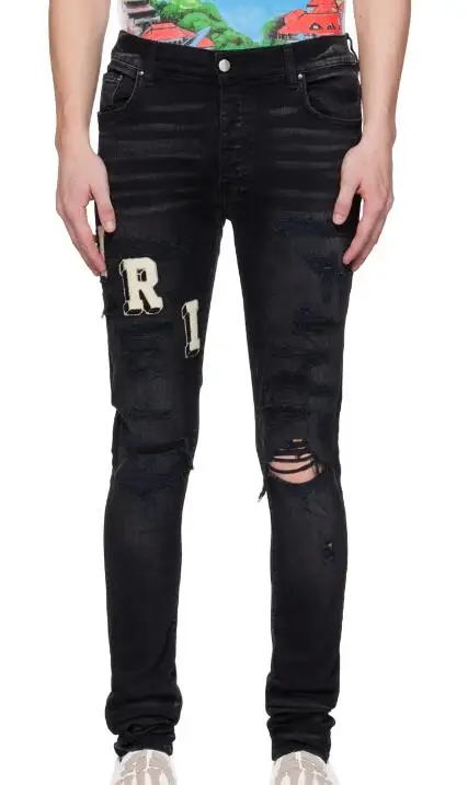 

Черные облегающие джинсы с аппликацией, Стрейчевые джинсы, брендовые дизайнерские мужские рваные обтягивающие джинсовые брюки в стиле хип-хоп