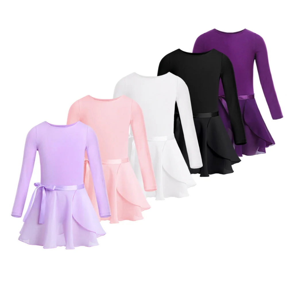 

Girls Ballet Leotard Dancewear Cotton Long Sleeves Ballet Dance Class Gymnastics with Chiffon Tied Skirt Set Ballerina Clothing