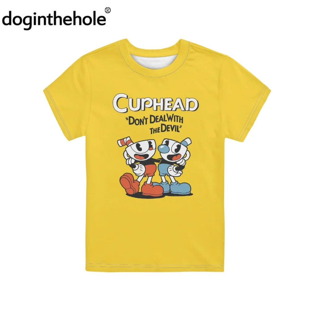 

Doginthehole 2022 Детская летняя футболка с принтом Cuphead Game, Повседневная футболка для мальчиков и девочек, забавная аниме футболка, милая детская о...