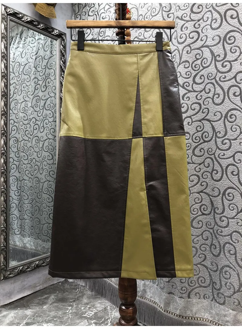 New 2022 Autumn Winter Skirts High Quality PU Leather Women Color Block Patchwork Mid-Calf Length Casual Green White Skirts
