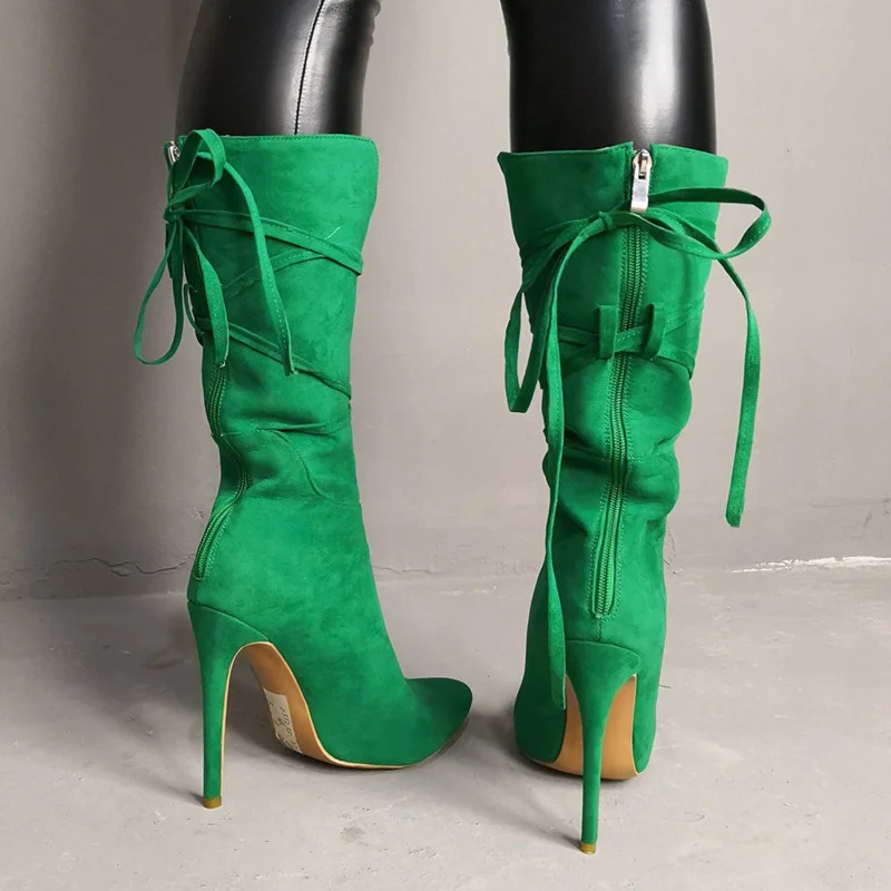 Sexy High Heels Green Boots For Women Lace Up Mid Calf Booties Pointed Toe Fashion Flock Lady Party Shoes Spring Female Botas