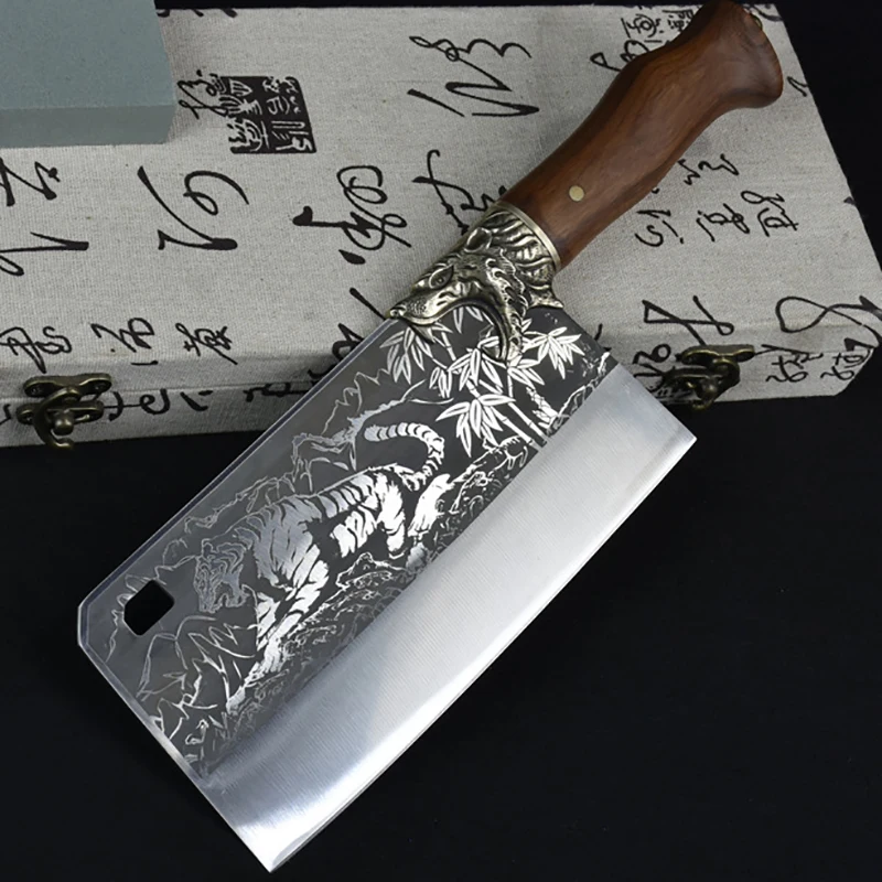

Longquan Knife 9.5 Inch Copper Tiger Decor Chef Cleaver Chopper Handmde Forged Kitchen Fixed Blade Knife Meat And Poultry Tools