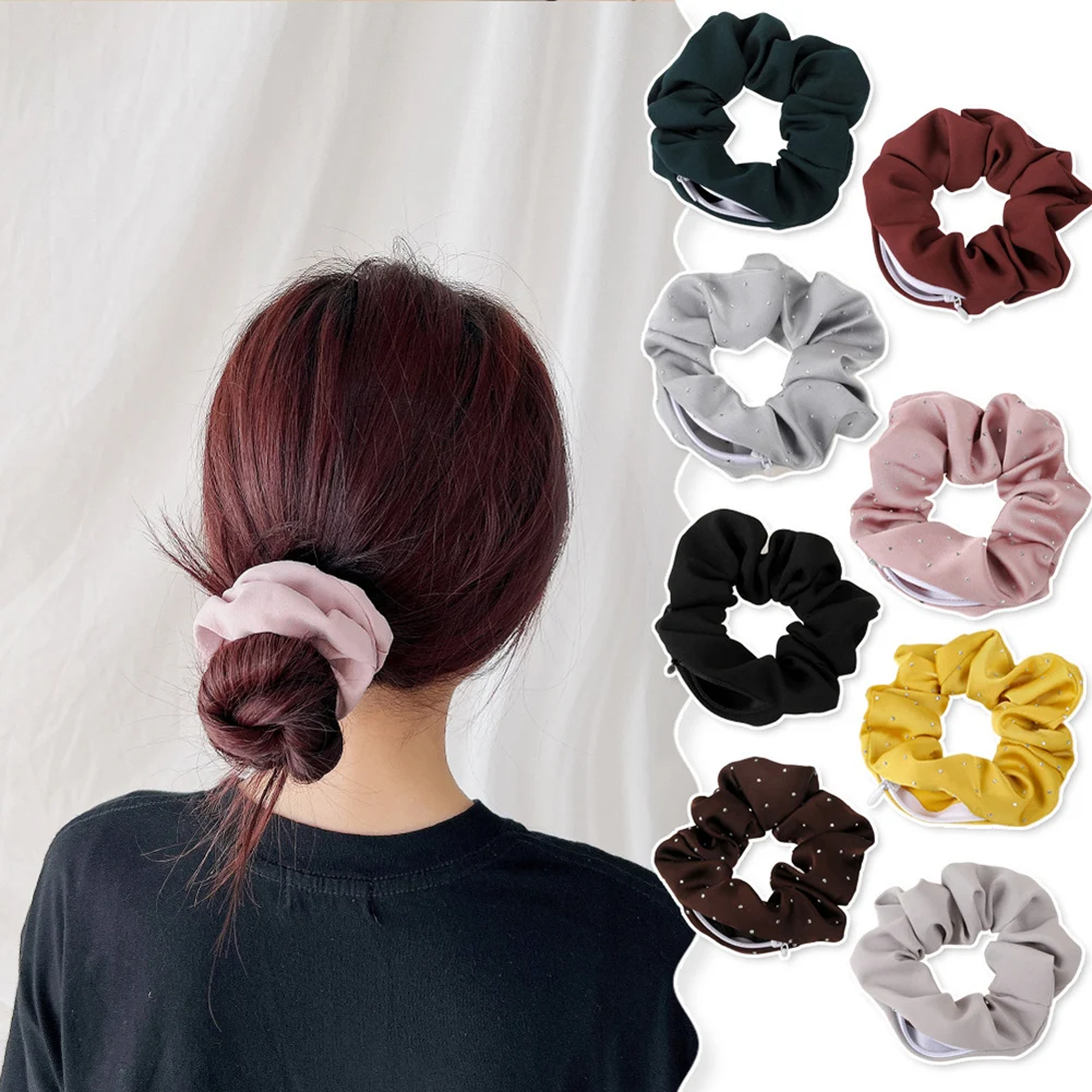 

2023 Women Hair Scrunchie Dot Striped Print Hair Rope Ring Ponytail Holder Elastic Hair Band With Zipper Pocket Hair Accessories