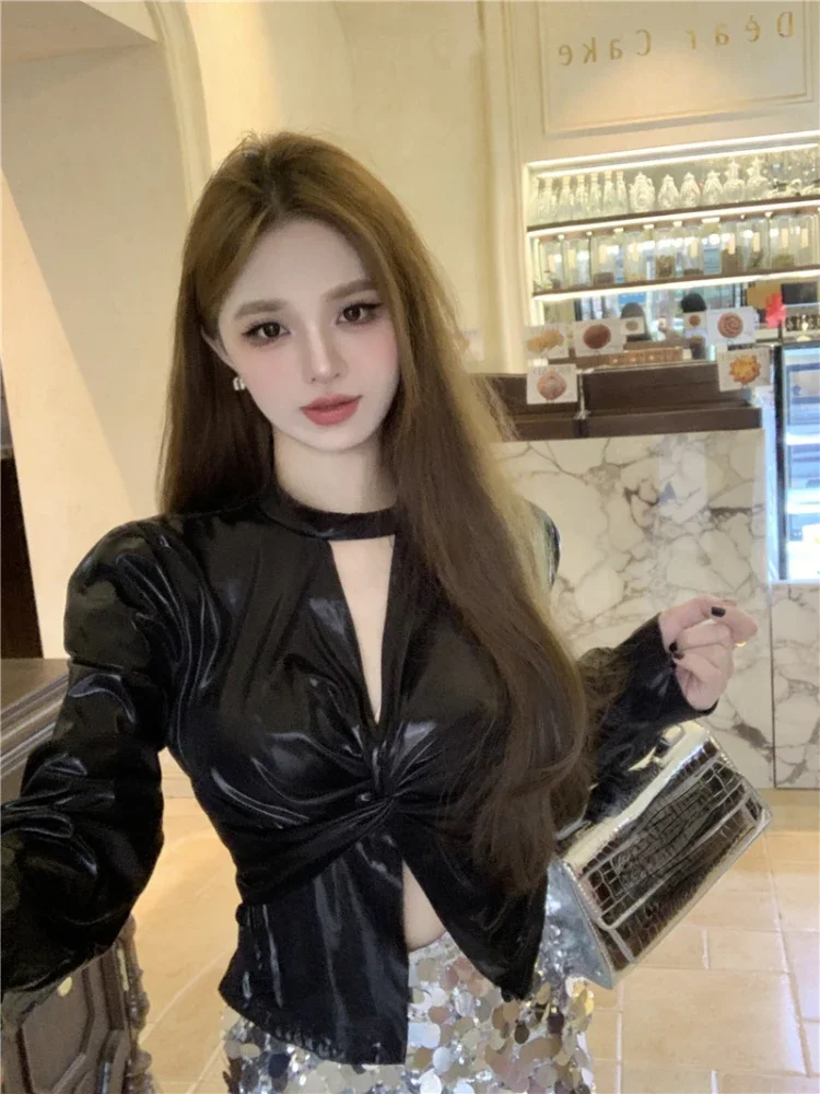 Осень 2024 Harajuku Серебряная винтажная футболка с лямкой на шее Сексуальные