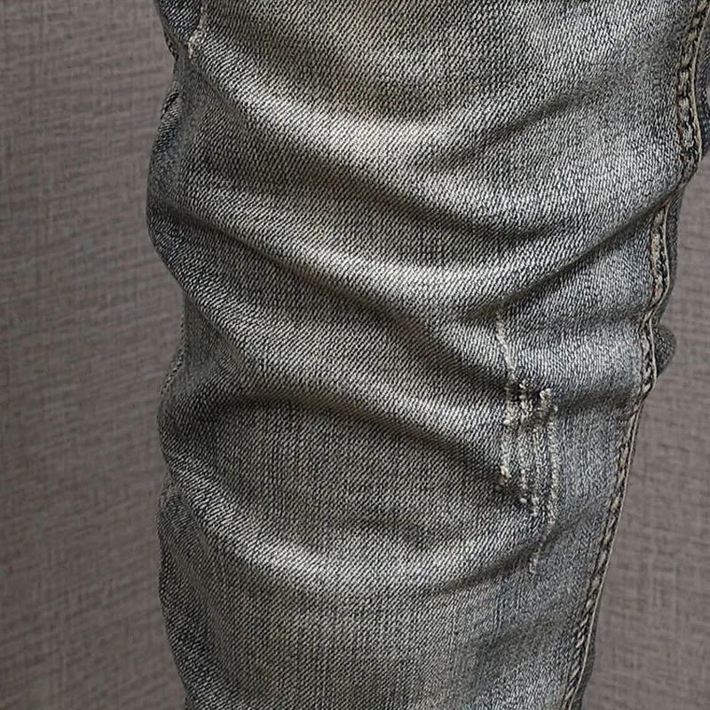 Fashion Trendy Men Jeans Retro Washed Gray Blue Elastic Stretch Slim Ripped Jeans Men Embroidery Designer Vintage Denim Pants