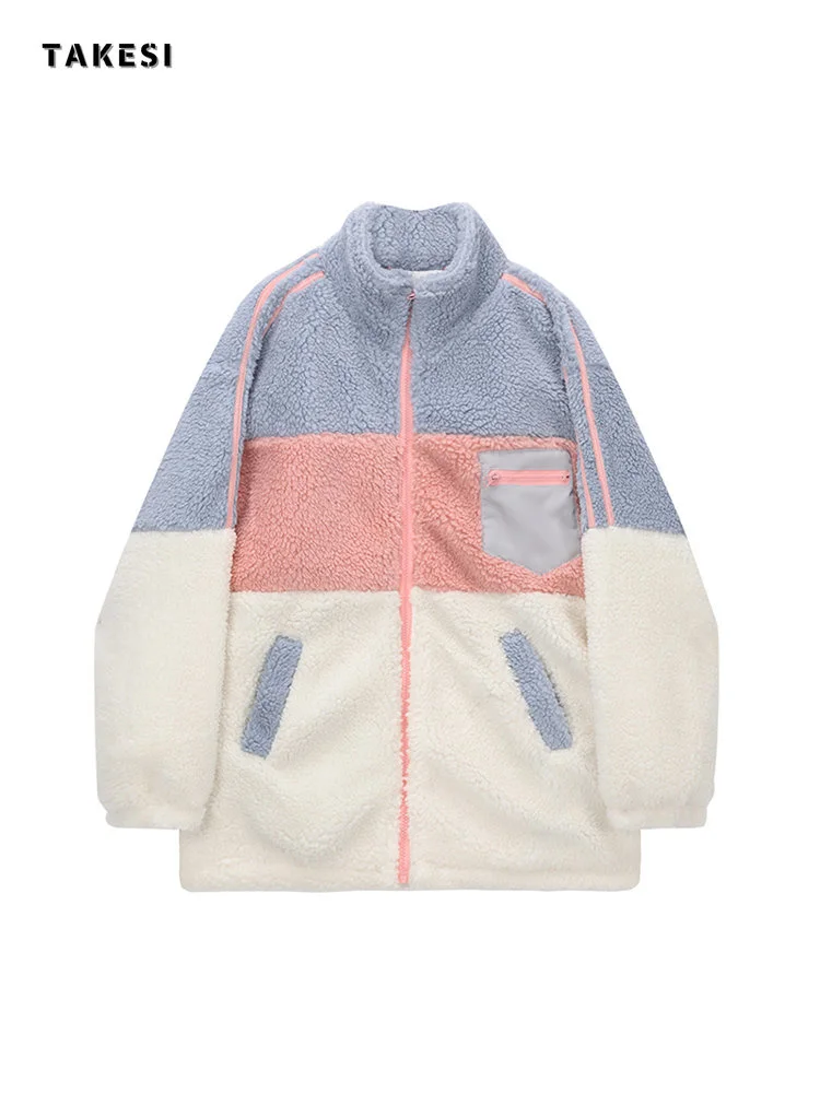 

2023 Winter New Color Block Imitation Rabbit Fur Zipper Jacket Women Loose Ins Street Furry Y2K Casual All-match Snow Coat