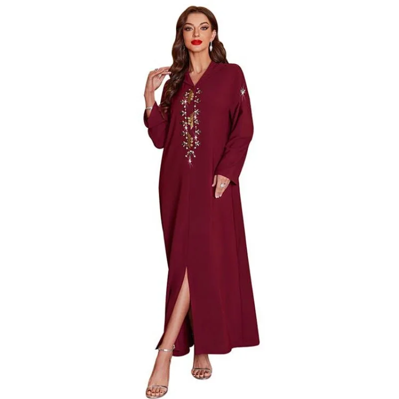 

Abayas Muslim Dress Hijab Women Full Sleeve Split Ankle Length Robes Spring Fashion Hooded Diamond Arab Dubai Party Muslim Dress