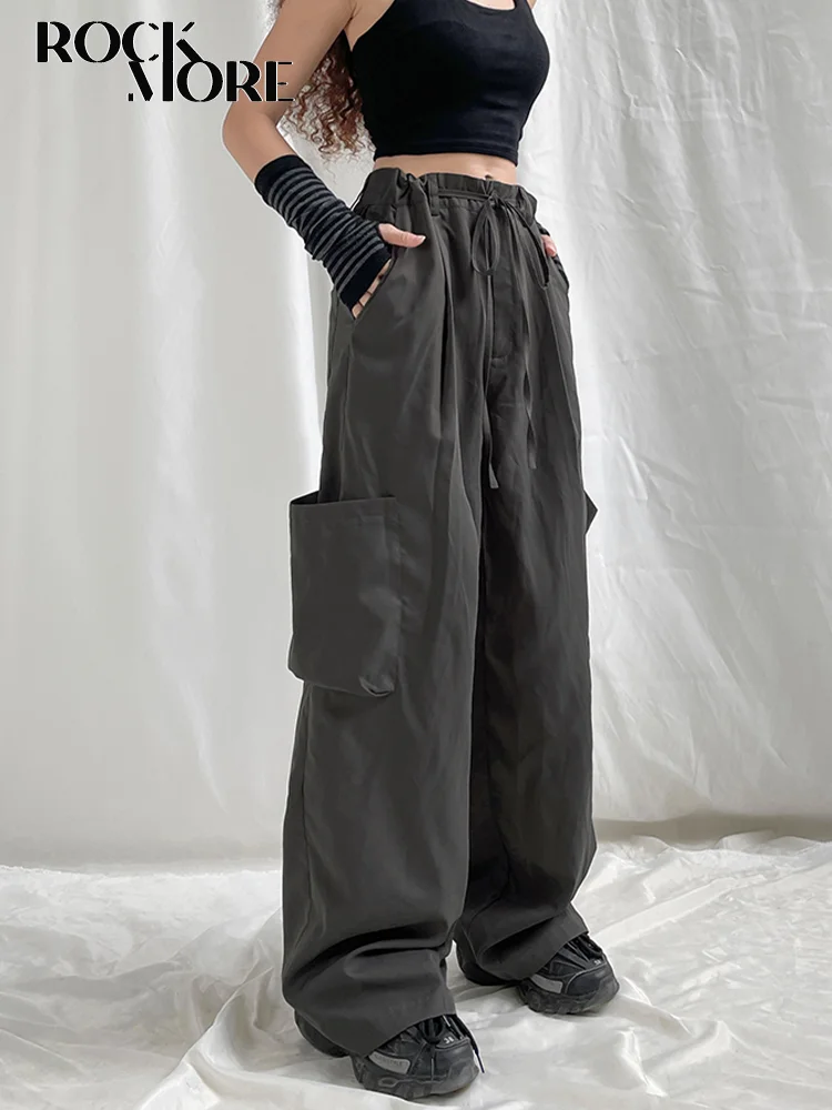 

Rockmore Solid Drawstring Wide Leg Trousers for Women Baggy Cargo Pants y2k Harajuku Sweatpant Joggers Loose Casual Bottoms