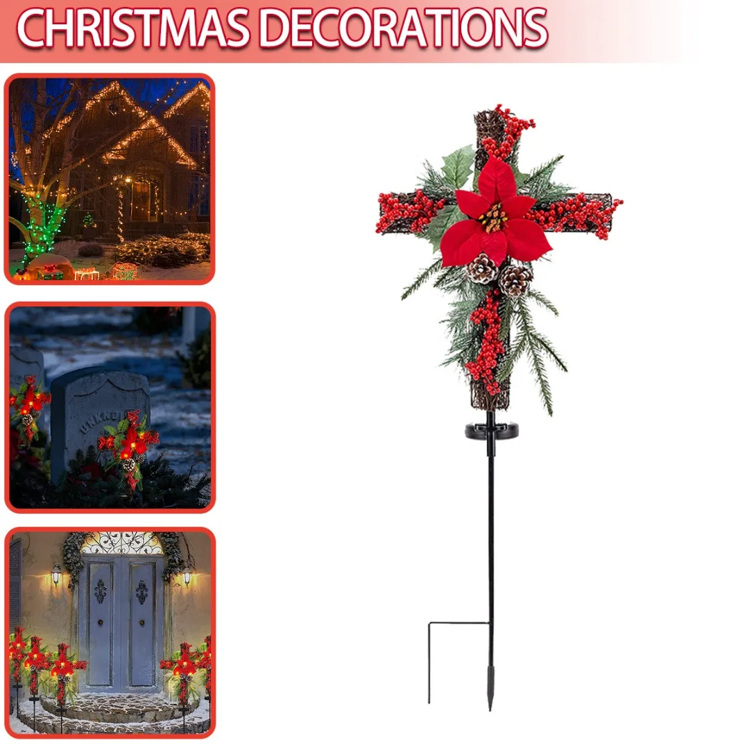 

Christmas Cross Stake Lights Faux Red Berries Lamp Waterproof Cross Lights Solar Powered LED Lights Outdoor Yard Lawn Lamp Decor