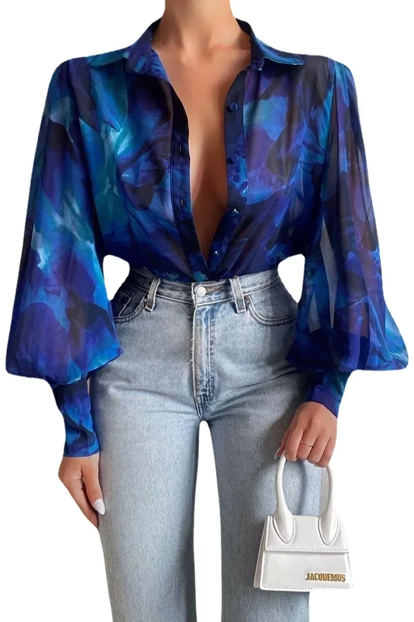 Лето 2023 женская рубашка с принтом на пуговицах и рукавами-фонариками элегантные