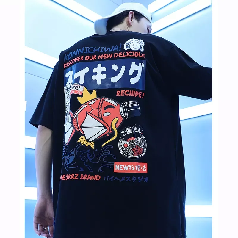 

2022New Hop Streetwear T-Shirt Harajuku Style Japanese Kanji Funny Fish Embroidery 2021 Men Summer Short Sleeve vintage манг