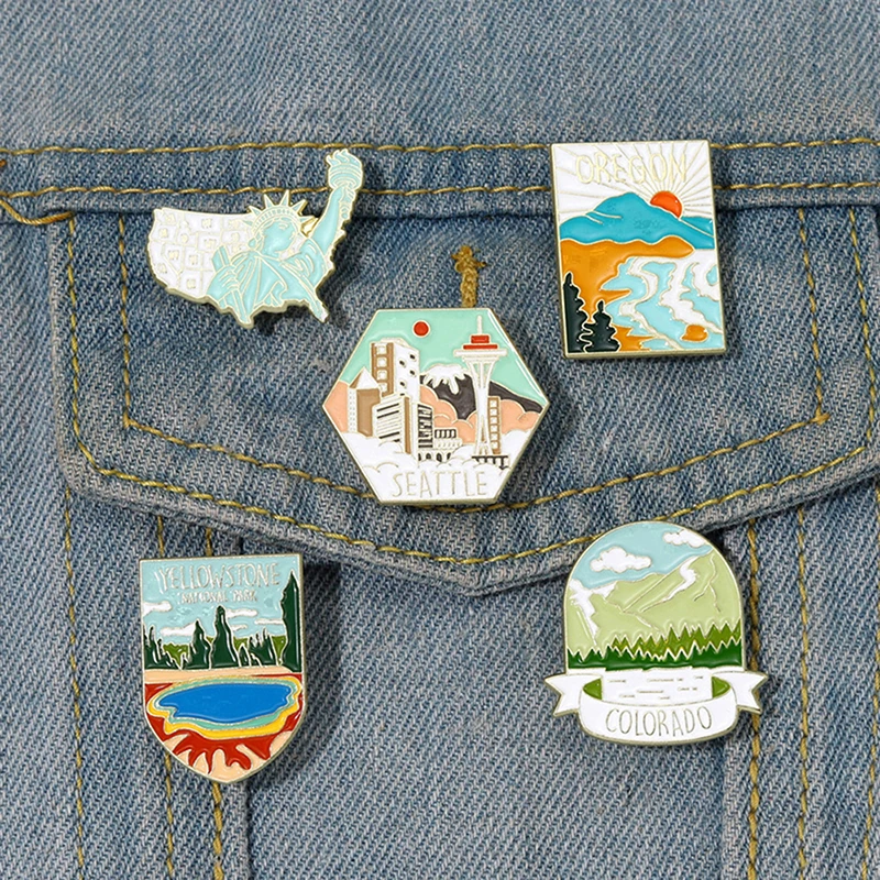 

Outdoor Travel Series Enamel Pins Custom Statue Of Liberty Natural Scenery Brooches Landscape Lapel Badge Buildings Jewelry Gift