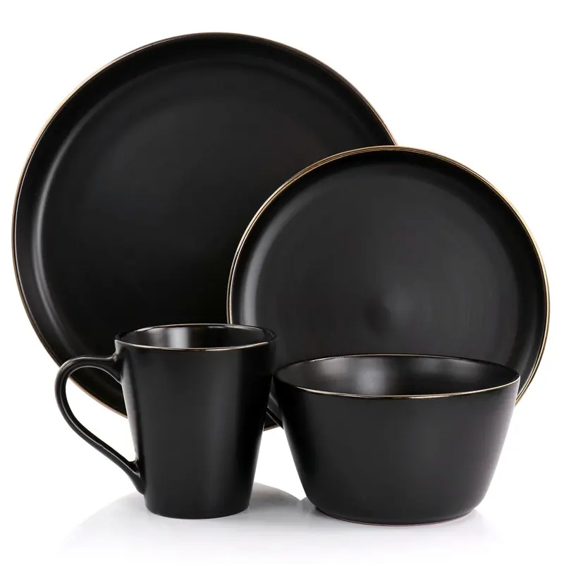 

Elegant 16 Piece Stoneware Matt Black Dinnerware Set with Luxurious Gold Rim Perfect for Everyday Use or Special Occasions.