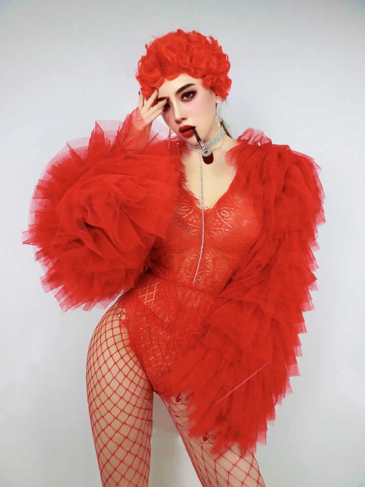

Women Red Lace Bodysuit Exaggerated Puffy Sleeves Singer Gogo Dancer Drag Queen Stage Outfits Nighclub Dance Costume