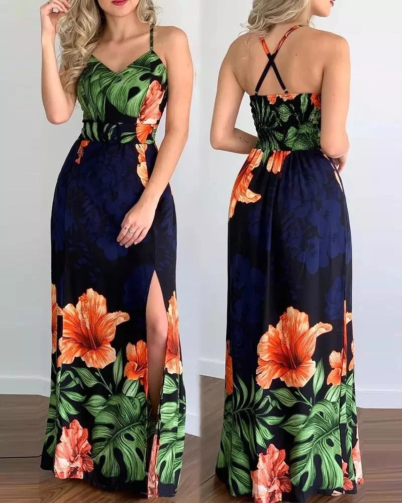 

Tropical Print High Slit Crisscross Backless Maxi Dress