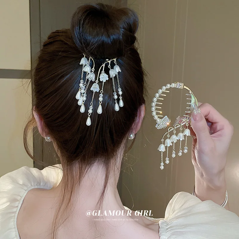 

Diamond-encrusted Butterfly Lily Of The Valley Flower Leaf Hairpin Pearl Crystal Tassel Ball Head Hair Artifact Grab Hair Access