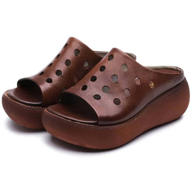 

Шлепанцы женские из натуральной кожи, сандалии на платформе, открытый носок, танкетка, летние тапочки, сланцы, Ретро стиль, ручная работа, 35 40