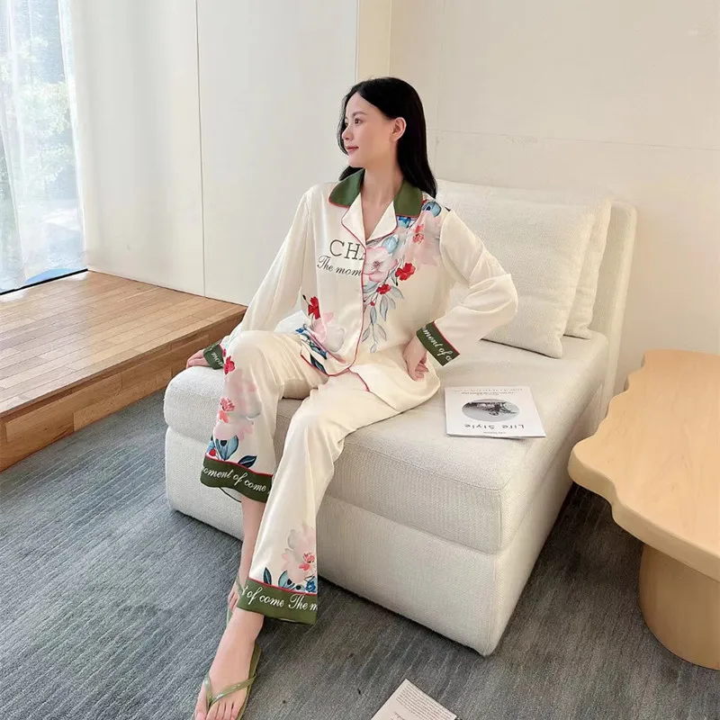 2023 New Women's Spring Pajamas Suit Women's Thin Ice Silk Home Wear Long-Sleeved Trousers